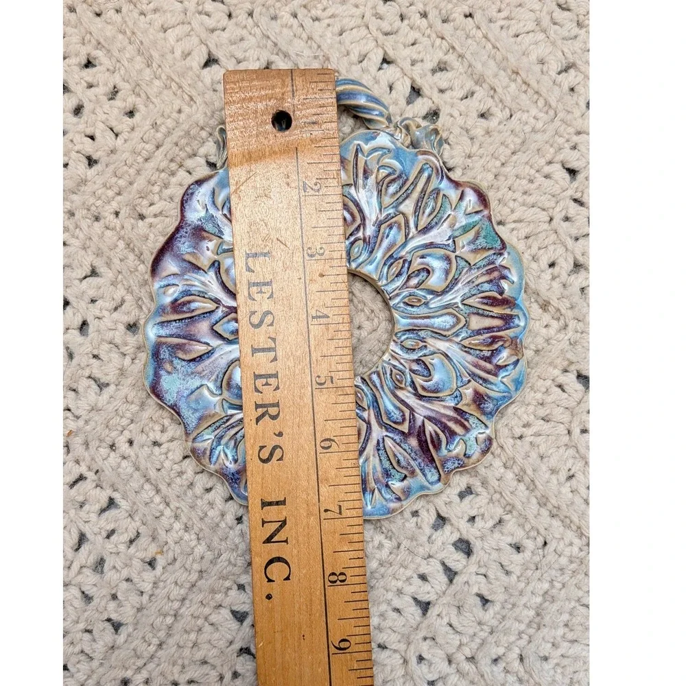 Vintage Studio Pottery Blue Purple Ceramic Wall Plaque Trivet Scalloped 8in